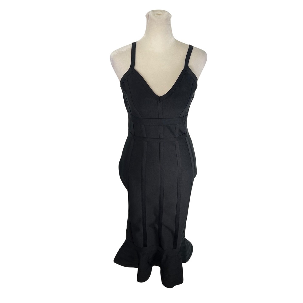 Luxury Black Bandage V-Neck Bodycon Cocktail Dress Trumpet Hem Size M